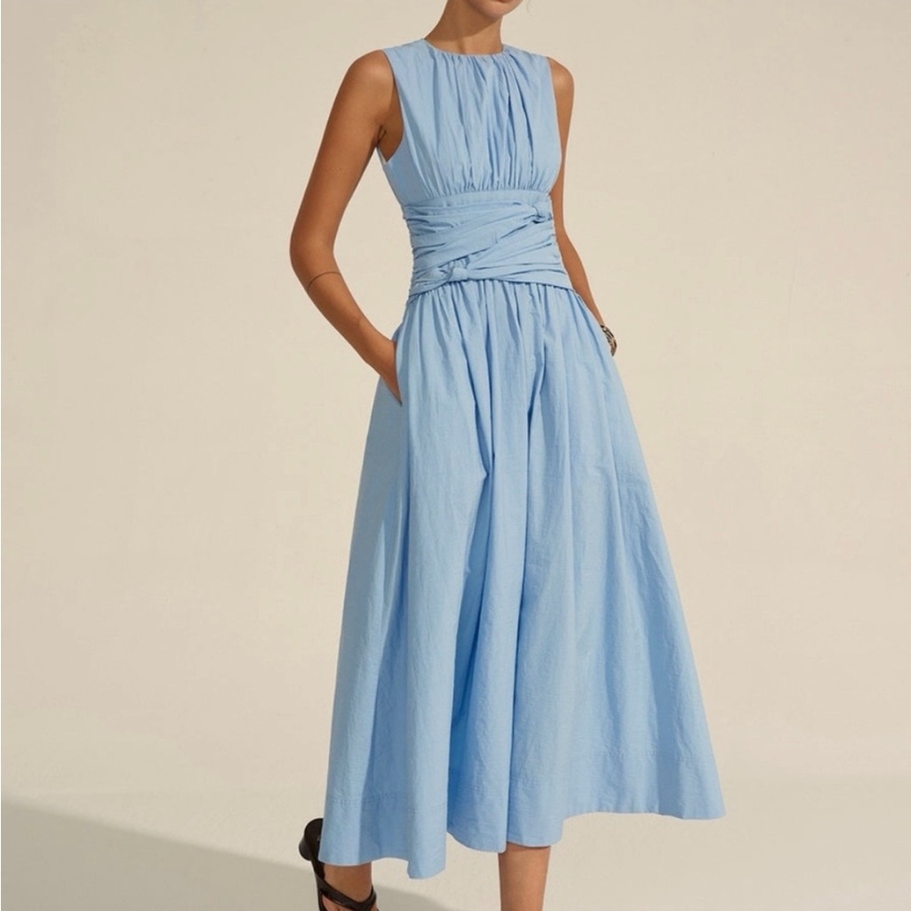 Commence Sleeveless Light Blue Ruched Waist Midi Dress